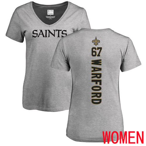 New Orleans Saints Ash Women Larry Warford Backer V Neck NFL Football #67 T Shirt